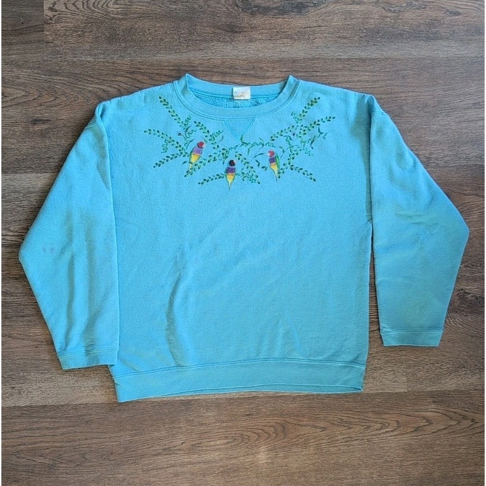 Vintage Hanes Hand Painted Parrot Floral Sweatshirt USA Large Cottagecore Raglan